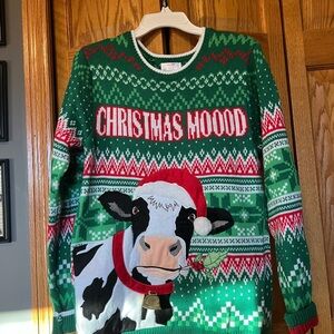Holiday Time Festive Green Cow Sweater